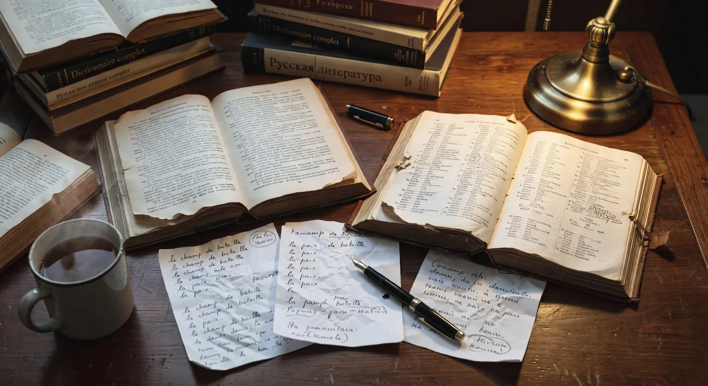 Bureau de traductrice avec livres russes ouverts et carnets de notes