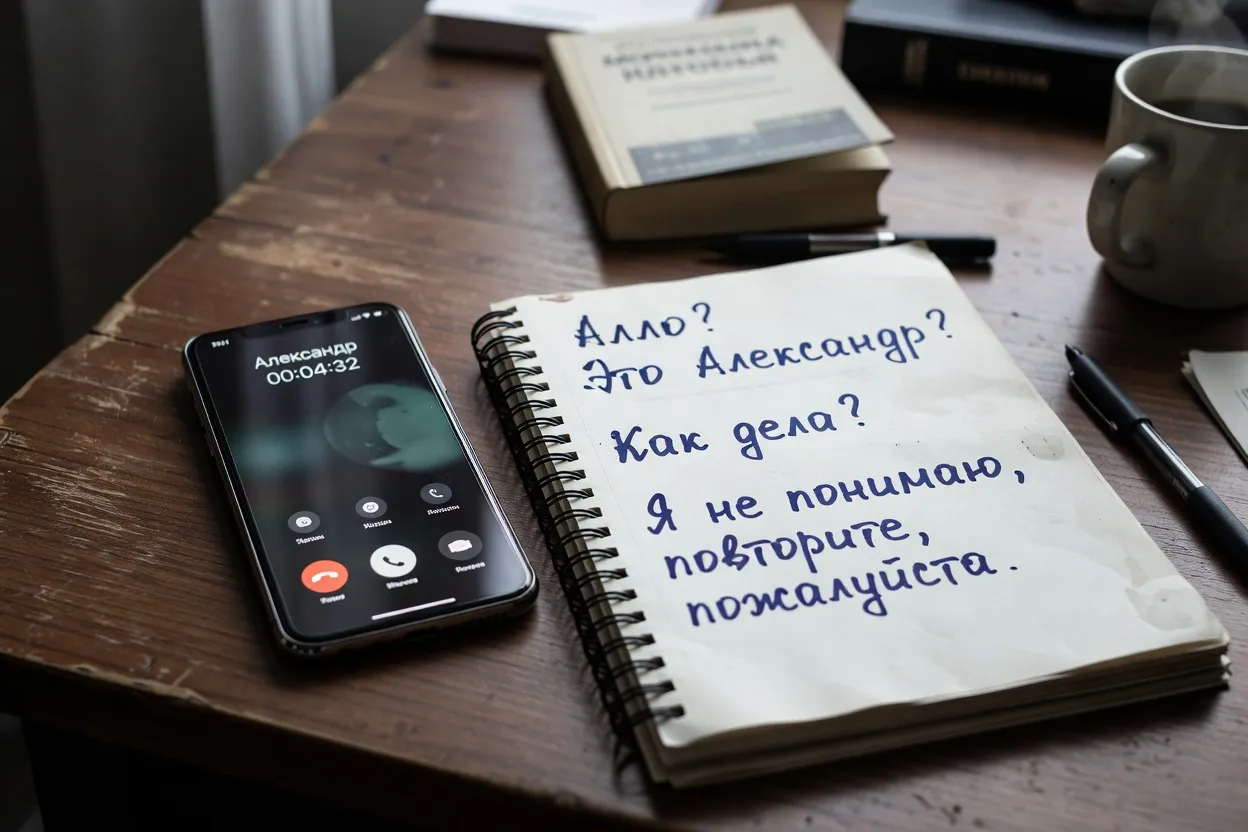 Écran de smartphone affichant un appel en cours à côté d’un cahier de phrases russes