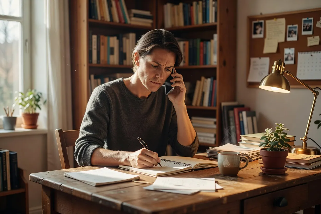 Personne prenant des notes pendant un appel téléphonique à son bureau