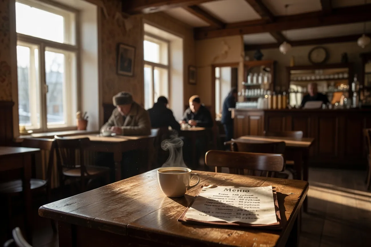 Café russe avec tasse fumante et menu en cyrillique