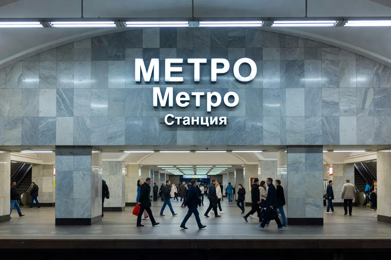 Station de métro russe avec panneaux en cyrillique et voyageurs